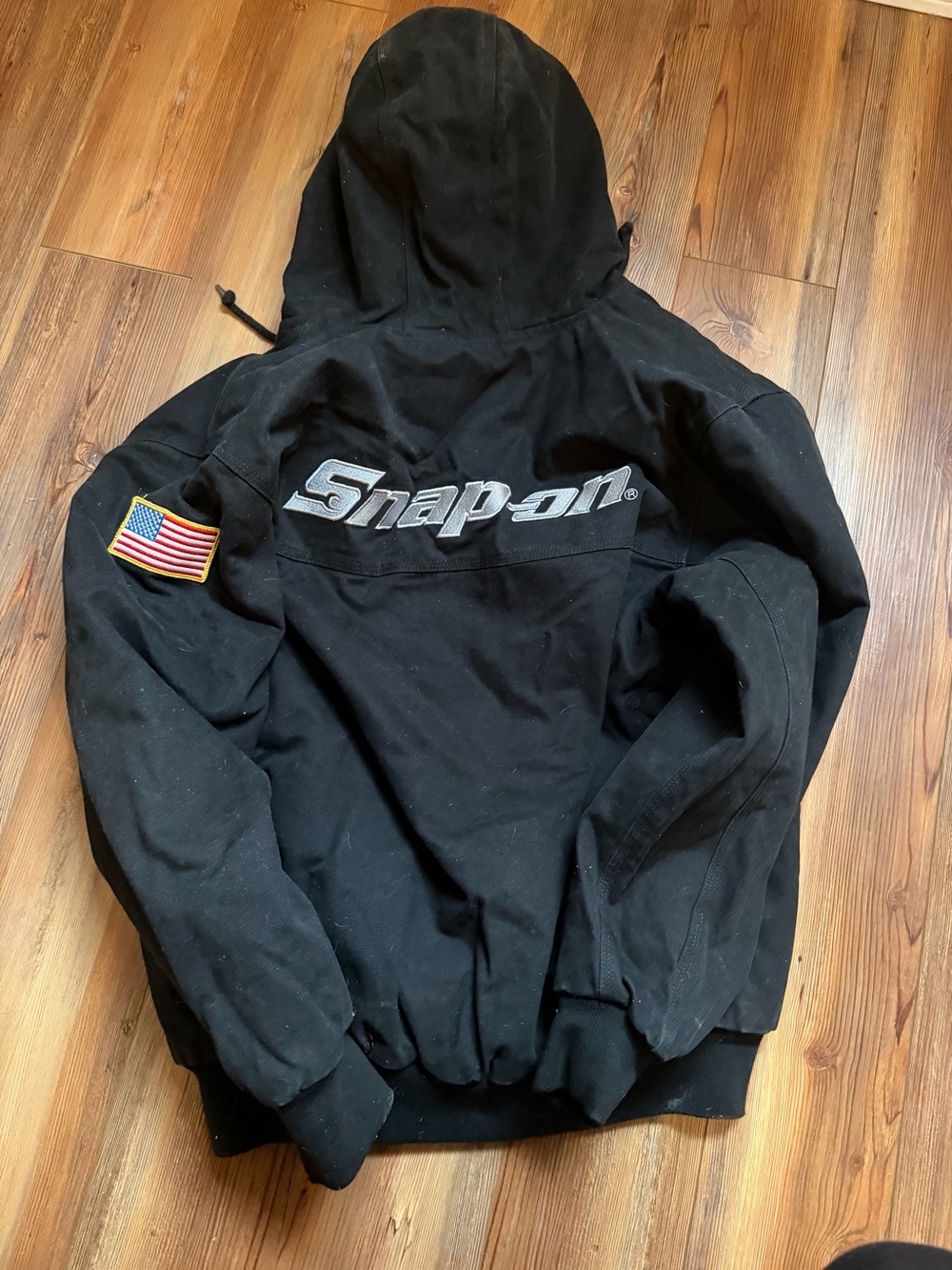 Snap Black Hooded Puffer Jacket with Embroidered Logo and Flag Patch